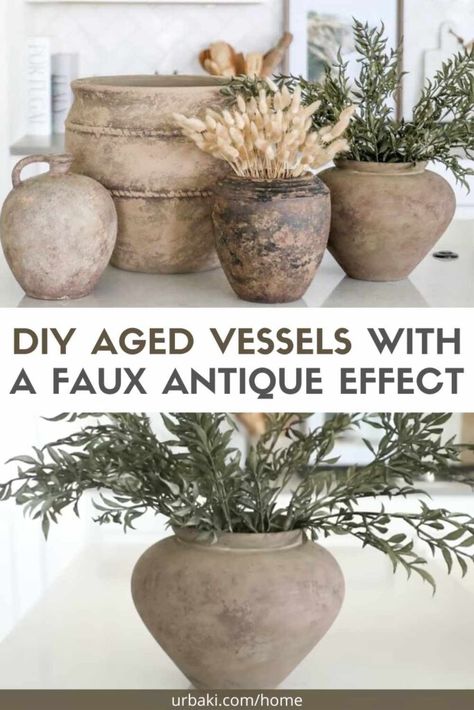 Are you ready to embark on a creative journey that will breathe new life into your home decor? Look no further than DIY aged vessels with a faux antique effect.rnrnWith just a few simple steps, you can transform ordinary vases into captivating pieces that exude charm and character.rnrnBest of all, this thrifty project is super affordable, incredibly enjoyable, and requires minimal effort. Get ready to unleash your inner artist and let your imagination run wild!rnrnThrift Flipping: The Art of... Antique Art In Bathroom, Faux Aged Pottery, Decor Pots & Planters, Natural Pottery Ideas, Diy Aged Vessel, Diy Old Vase, Aged Vases Diy, Antique Diy Decor, Upcycling Vases Ideas