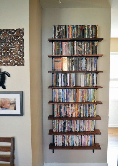 40 DVD Storage Ideas - Organized Movie Collection Designs Diy Dvd Shelves, Dvd Storage Ideas, Dvd Storage Cabinet, Diy Dvd Storage, Diy Dvd, Dvd Storage Shelves, Dvd Cabinets, Dvd Shelves, Cd Storage