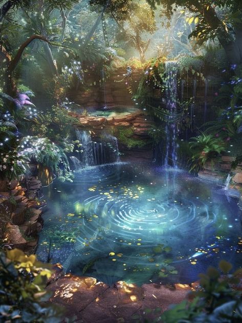 Fae Wilds Aesthetic, Fairy Magic Aesthetic, Fantasy Aesthetic Fairytale, Magic Forest Aesthetic, Moonlit Waterfall, Waterfalls Aesthetic, Fairy Jungle, Magical Forest Aesthetic, Flowers Glowing