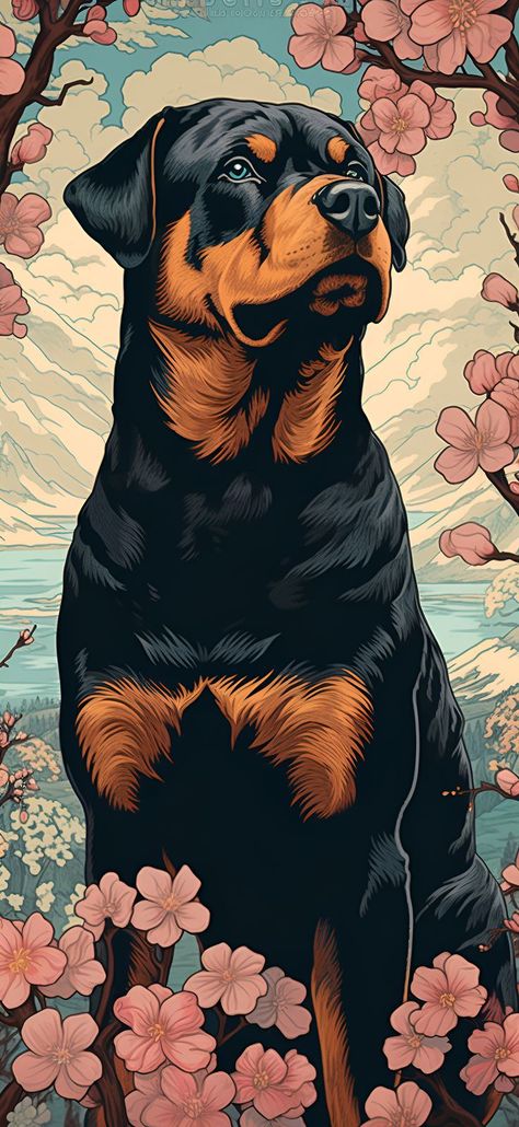 An Ukiyo-E style artwork of a Rottweiler amongst cherry blossoms and flowers in windy mountains, perfect for an aesthetic phone wallpaper. Mountain Aesthetic Wallpaper, Rottweiler Tattoo, Rottweiler Art, Dog Wallpaper Iphone, Art Deco Tattoo, Rottweiler Breed, Lion Sketch, Attractive Wallpapers, Rottweiler Love