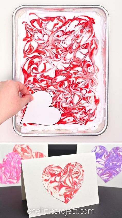 Create marbled shaving cream hearts and use them to make a homemade Valentine's Day card! It's such an easy art project for kids, and so fun to make unique marbling designs in the paint and shaving cream. They're the perfect craft for Valentine's Day, Mother's Day, or any day! Shaving Cream Art, Valentine Art Projects, Folding Origami, Preschool Valentines, Valentine Crafts For Kids, Mothers Day Crafts For Kids, Valentines Art, Elementary Art Projects, Easy Art