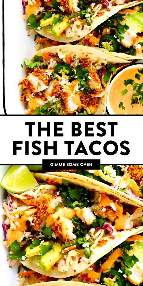 Rotisserie Chicken Oven, Best Fish Taco Recipe, Baked Fish Tacos, Best Fish Tacos, Fish Taco Recipe, Lime Slaw, Crunchwrap Supreme, Enchilada Pasta, Chipotle Crema