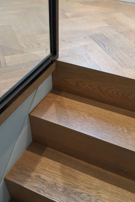 Floor To Stairs Transition, Wooden Floor Stairs, Engineered Wood Stairs, Wooden Flooring Stairs, Different Color Wood Floors Transition, Tiny Apartment Aesthetic, Wood Floor Transition, Oasis Aesthetic, Wood Floor Stairs