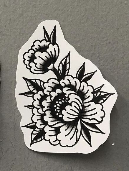 Chrysanthemum Tattoo Traditional Black, Tradition Style Flower Tattoo, Small Black And White Traditional Tattoo, American Trad Peony, Black Peony Tattoo Traditional, Tattoo Flowers Traditional, Traditional Poppy Tattoo Black, Traditional Flower Arm Tattoo, Traditional Flower Flash Tattoo