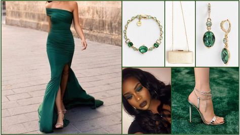 Green Prom Dress Gold Jewelry, Satin Mermaid Dress, Athena Dress, Emerald Dress, Jewelry Prom, Crystal Wedding Dress, Gown Ideas, Below The Knee Dresses, Gown Fashion