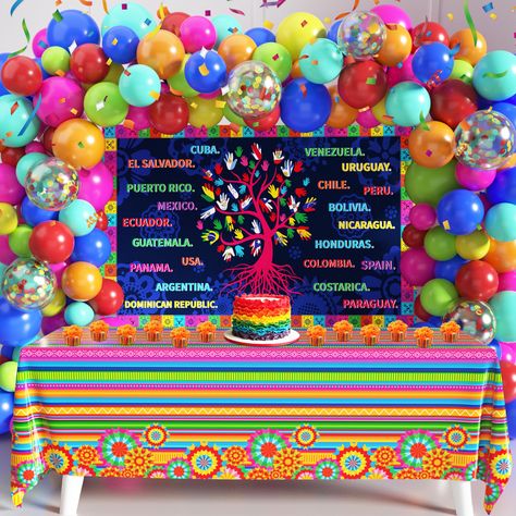 PRICES MAY VARY. Hispanic Heritage Month Decorations Include: 1 Hispanic heritage month backdrop, 1 Hispanic heritage month tablecloth, 70 pieces Hispanic heritage month latex balloons and 1 set balloon tools(glue dots, balloon strip, ribbon). These are enough for you to use at the party related to the Hispanic heritage month. Hispanic Heritage Theme Design: Our Hispanic heritage month background and tablecloth have an interesting design with Hispanic heritage month pattern. Decorating your Hisp Hispanic Heritage Month Decorations, Month Decorations, Decor For Classroom, Balloons Decor, Brides Cake, Garland Arch, Hispanic Heritage Month, Interesting Design, Class Decoration