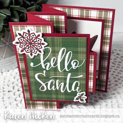 Painted Mountain Cards: Hello Santa Half Shutter Card Folded Christmas Cards, Hello Santa, Cricut Birthday Cards, Shutter Card, Stamped Christmas Cards, Fancy Fold Card Tutorials, Gatefold Cards, Santa Cards, Window Cards