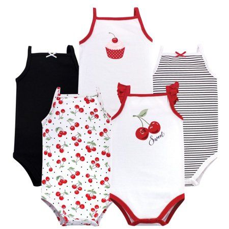 Hudson Baby sleeveless bodysuits are an essential part of baby's wardrobe. Our bodysuits feature adorable prints, embroideries, stripes and solids and provide a comfortable base layer that's great for pairing with pants, shorts, or even wearing under outfits. Our bodysuits are comfortable and cozy for all-day, everyday wear for your little one. Hudson Baby Infant Girl Cotton Sleeveless Bodysuits 5pk, Cherries is a great baby essentials set for your little one. Size: 3-6 Months.  Color: White.  G Essentials Set, Baby Unisex, Infant Girl, Hudson Baby, Cotton Bodysuit, Sleeveless Bodysuit, Girl Clothing, Baby Things