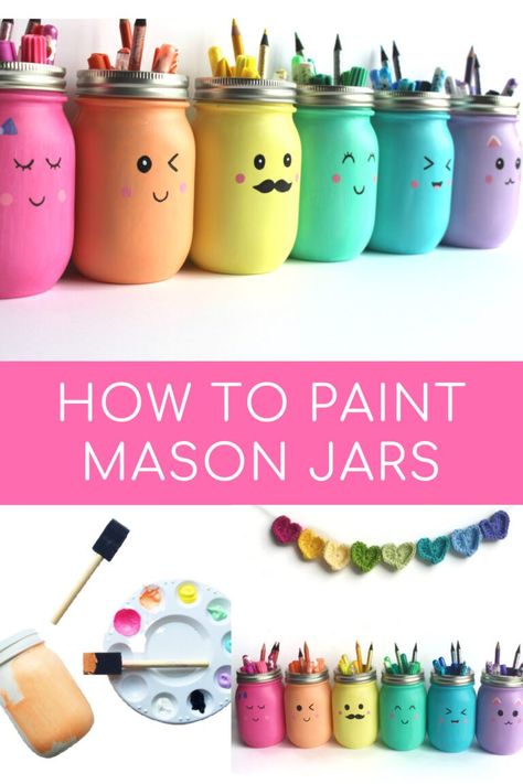 Painted Mason Jars How To Color Mason Jars Diy, Painting Mason Jars Diy Acrylic, Best Paint For Mason Jars, Upcycle Mason Jars, How To Color Mason Jars, How To Paint Mason Jars With Acrylic, Mason Jar Paint Ideas, Plastic Jar Painting Ideas, How To Paint Jars With Acrylic