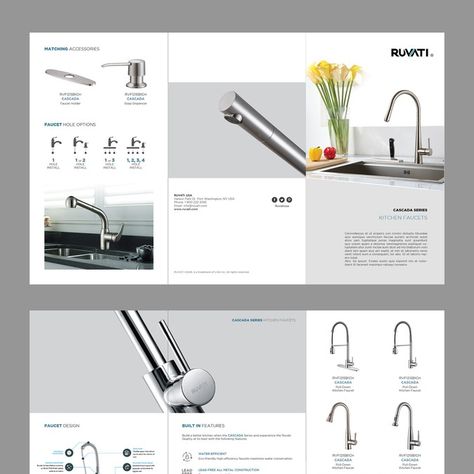 Tri-fold flyer for Kitchen Faucet manufacturing company by Unlike Studio Kitchen Brochure Design, Product Leaflet Design, Brochure Product Design, Product Brochure Design, One Pager Design, Product Catalog Design, Catalog Layout, Catalog Design Layout, Product Flyer