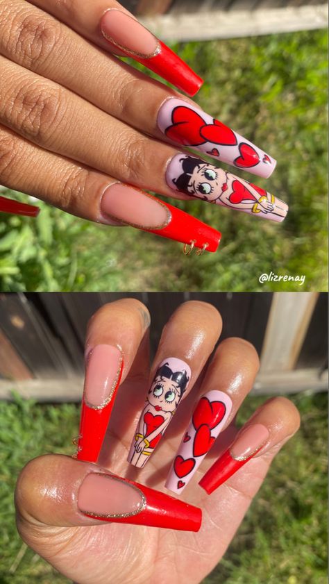 #bettyboop #nailart #rednails #pressonnails #pressons #nailinstagram #naildesign #nailartideas Betty Boop Nails Designs, Betty Boop Nail Art, Betty Boop Nails, Vday Nails, Long Press On Nails, Nail Art Disney, School Nails, Long Acrylic, Disney Nails