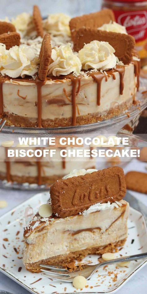 White Chocolate Biscoff Swirl Cheesecake! - Jane's Patisserie Small Cheesecakes, Bake Banana, Biscoff Recipes, Janes Patisserie, Pudding Cheesecake, Biscoff Cheesecake, Cake Banana, Swirl Cheesecake, Pecan Cheesecake