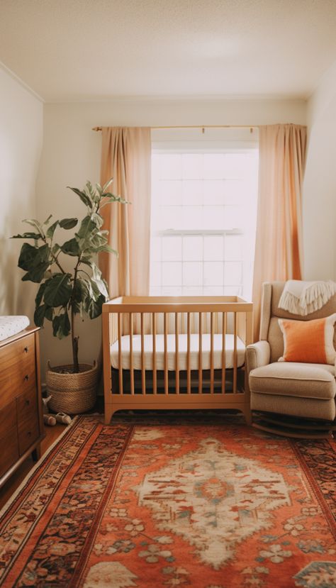 Aesthetic Baby Nursery, Modern Nursery Ideas, Nature Inspired Nursery, Baby Nursery Ideas, Brown Nursery, Orange Nursery, Eclectic Nursery, Baby Nursery Inspiration, Aesthetic Baby