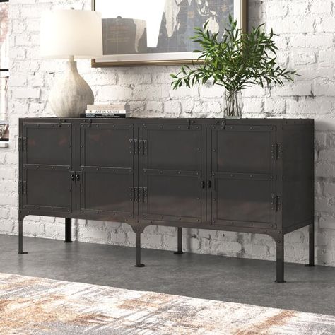 Steelside™ Marlo 62.25'' Wide Sideboard & Reviews | Wayfair Metal Buffet Cabinet, Displaying Photos, Silver Cabinets, Clean Clothes, Industrial Aesthetic, Wide Sideboard, Solid Wood Sideboard, Kitchen Sideboard, Console Cabinet