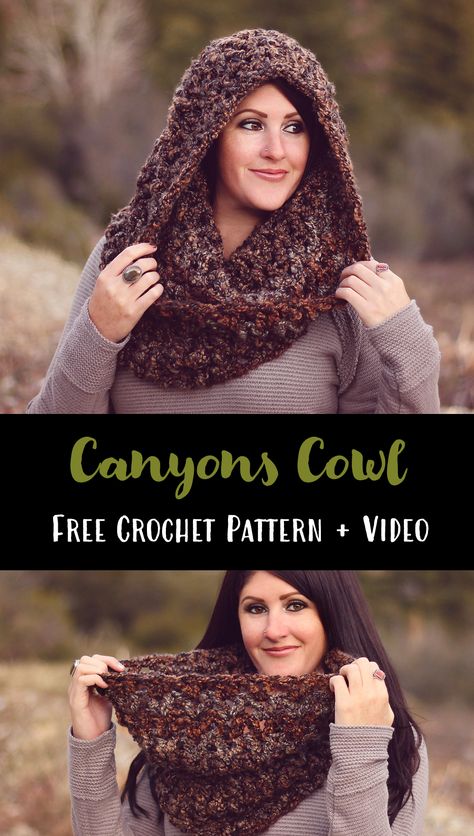 Canyons Cowl Free Crochet Pattern Hooded Cowl Pattern, Crochet Hooded Cowl, Col Crochet, Crochet Snood, Crochet Cowl Free Pattern, Crochet Hooded Scarf, Crochet Hood, Crochet Unique, Poncho Crochet