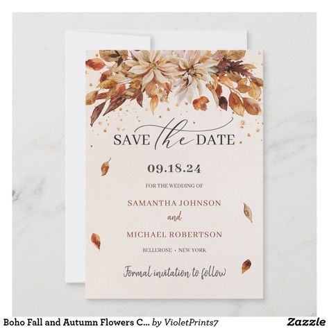 Boho Fall and Autumn Flowers Cooper Colors Save The Date Rustic Wedding Save The Dates, Rustic Save The Dates, Floral Save The Dates, Autumn Flowers, Fall Wedding Invitations, Wedding Leaves, Save The Date Postcards, Save The Date Card, Rustic Invitations