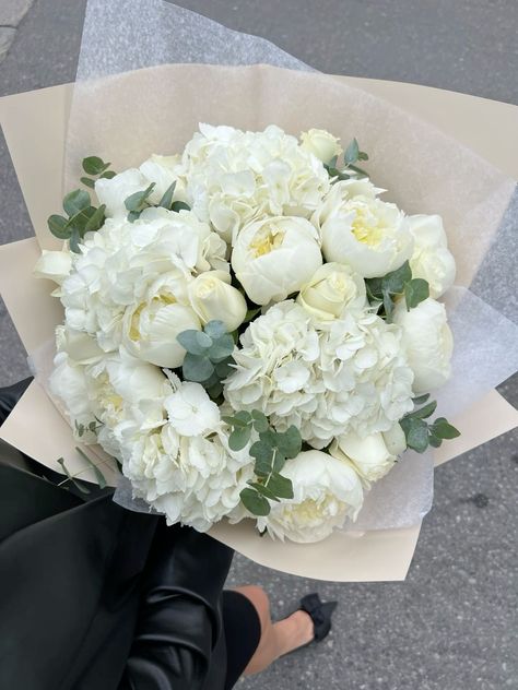 Hydrangea In Wedding Bouquet, White Rose And White Hydrangea Bouquet, Bridal Bouquet Tulips Peonies, Hydrangea White Bouquet, White Peony And Hydrangea Bouquet, White Hydrangea Bouquet With Greenery, White Peonies And Hydrangeas Bouquet, Peonies White Bouquet, Roses Hydrangea Bouquet