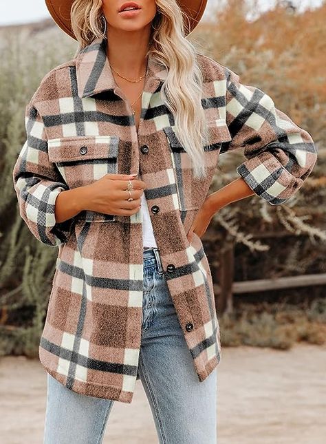 Dokotoo womens flannel shacket is made with high-quality fabric. Soft, lightweight and comfortable to wear Flannel Jacket Women's, Oversized Flannel, Plaid Shirts, Flannel Women, Flannel Jacket, Long Sleeve Flannel, Turndown Collar, Brown Plaid, Jeans Size Chart