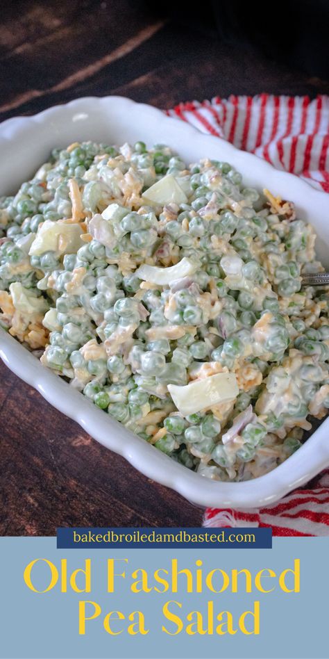 This old fashioned pea salad is just like Grandma used to make. The sweet peas go so good with the savory cheese and bacon. This creamy salad is a BBQ must. via @Baked Broiled and Basted English Pea Salad, Delicious Healthy Salads, Cheese Salad Recipes, Creamy Salad, Simple Salads, Pea Salad Recipes, Creamy Peas, Mushy Peas, Savory Cheese