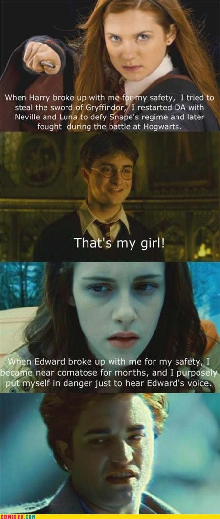 I bet Harry-Ginny is making Sparkly Cedric really miss Cho Chang.... Twilight Harry Potter, Harry Potter Vs Twilight, Harry Potter Twilight, Citate Harry Potter, Glume Harry Potter, Twilight Memes, Twilight Book, Funny Disney, Ginny Weasley