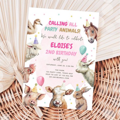 $2.09 | Farm Animals Girl Calling Party Animals Birthday Invitation #birthdayinvitation #farmanimals #farmbirthday #partyanimals #barnyardbirthday #watercolor #farmbirthdayparty #pinkgingham #girlbirthday #callingallpartyanimals Farm Party Animal Birthday Theme, Petting Zoo Invitations, Donkey Birthday, Petting Zoo Birthday Party, Petting Zoo Birthday, Calling All Party Animals, Girls Farm Birthday, Party Animals Birthday, Animals Birthday Invitation