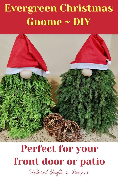 Pine Tree Gnomes Diy, Greenery Gnomes Diy, Gnome Making Tutorial, Cedar Gnomes Diy, Tomato Cage Nome, Christmas Knomes Evergreen Tree, Cedar Christmas Decor, How To Make Gnome Hats, Tomato Cage Santa