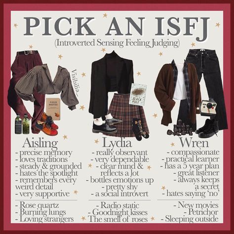 𝐌𝐚𝐡𝐚𝐥𝐢𝐚 🌼 on Instagram: “16 𝙥𝙚𝙧𝙨𝙤𝙣𝙖𝙡𝙞𝙩𝙞𝙚𝙨: 𝙄𝙎𝙁𝙅 Are you an ISFJ? Which girl would you pick? • Honestly I’m not even an ISFJ but I’m all of them!!!! Also ‘petrichor’…” Isfj Aesthetic, Isfj Personality, Academia Outfits, Dark Academia Fashion, Academia Fashion, Myers Briggs Type, Mbti Personality, Mood Board Fashion, Personality Types