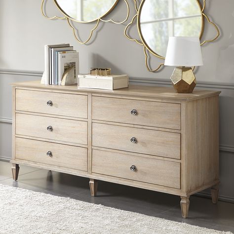 70 19 33h 0050000000 French inspired 6 drawer dresser with a wire brushed natural finish with grey highlights. Assembly required. Apartment Furnishing, Light Wood Dresser, Grey Highlights, Bedroom Farmhouse, Console Cabinet, Ideas Hogar, Bedroom Dresser, Primary Bedroom, Blanket Chest