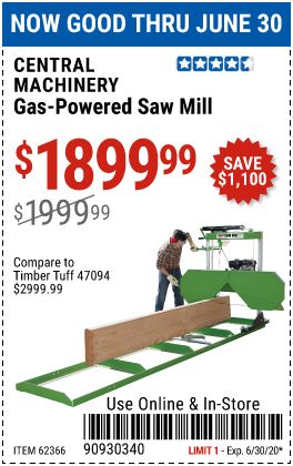 CENTRAL MACHINERY Saw Mill with 301cc Gas Engine for $1899.99 – Harbor Freight Coupons Portable Saw Mill, Super Start, Saw Mill, Power Saw, Harbor Freight, Timber Framing, June 30, Lumber, Coupon Code