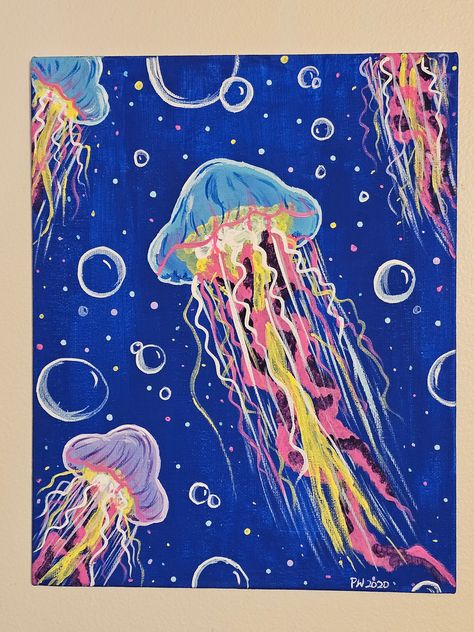 Bring the mesmerizing beauty of the ocean into your space with our stunning acrylic jellyfish painting. Expertly crafted, each brushstroke captures the graceful movement of these ethereal creatures. Vibrant colors and intricate details make this artwork a captivating addition to any room. Elevate your decor and immerse yourself in the tranquility of the sea with our exquisite acrylic jellyfish painting. Dive into art that inspires! *cross listed* Jellyfish Acrylic Painting Ideas, Paintings Of Jellyfish, Jellyfish Painting Acrylic Tutorial, Colorful Jellyfish Painting, Aquatic Painting Ideas, Ocean Creatures Painting, Acrylic Canvas Painting Tutorials, How To Paint Jellyfish, Jellyfish Art Acrylic