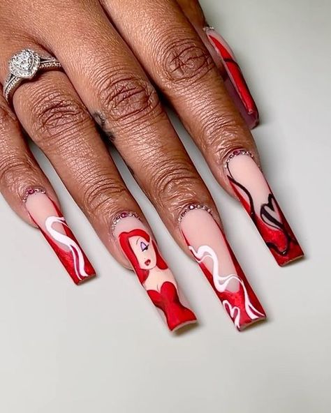 Lij Beauty on Instagram: "Swipe for the progression pics ❤️‍🔥 This was a recreation set #rednails #jessicarabbitnails #cartoonnails #nailart #westchesternails" Jessica Rabbit Inspired Nails, Valentines Nails Characters, Jessica Rabbit Acrylic Nails, Jessica Rabbit Nails, Funky Nail Designs, Disney Inspired Nails, Cartoon Nails, Brown Acrylic Nails, Vday Nails