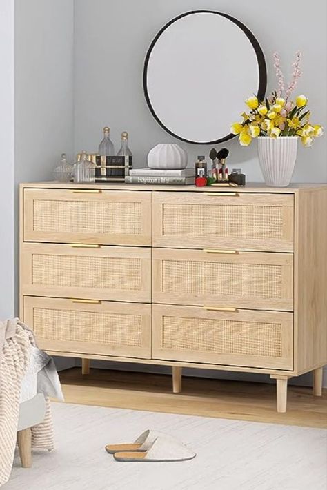 Dresser With Gold Handles, Rattan Dresser, Aesthetic Bedroom Decor, Dresser For Bedroom, Apartment Essentials, Apartment Aesthetic, Bedroom Modern, Living Room Hallway, Double Dresser