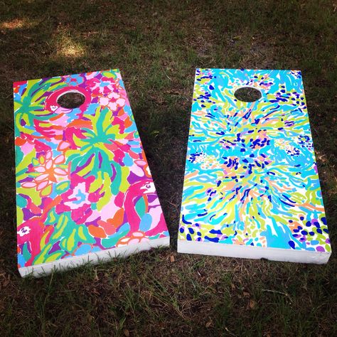 My very own homemade Lilly Pulitzer cornhole boards! #lillypulitzer Painting Cornhole Boards Designs Diy, Cornhole Board Dimensions, Reverse Raffle, Painted Corn Hole Boards, Cornhole Board Plans, Cornhole Board Designs, Cornhole Board Ideas, Diy Cornhole, Diy Cornhole Boards