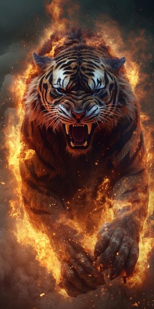 Photo a tiger is burning in flames. | Premium Photo #Freepik #photo Tiger Spirit Animal, Big Cats Photography, Tiger Images, Tiger Artwork, Lion Photography, Tiger Wallpaper, Tiger Pictures, Spirit Animal Art, Wild Animals Pictures