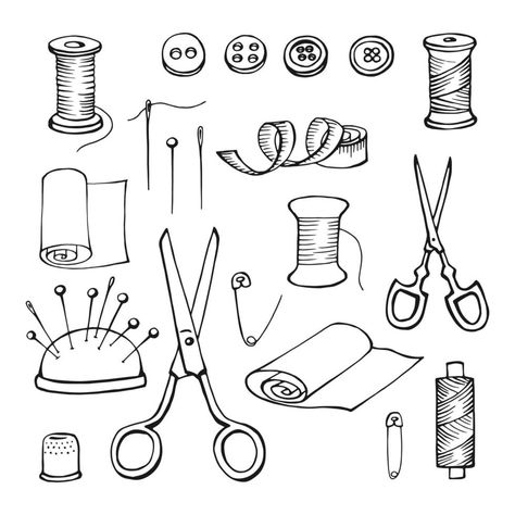 Hand drawn sewing tools. Thread, needle, pins, scissors, buttons. Vector illustration Needle And Thread Tattoo Design, Embroidery Tools Drawing, Thread Drawing Ideas, Sewing Machine Line Drawing, Sewing Materials Drawing, Sewing Drawing Art, Cute Items Drawing, Sewing Tattoo Ideas Simple, Sewing Needle Drawing