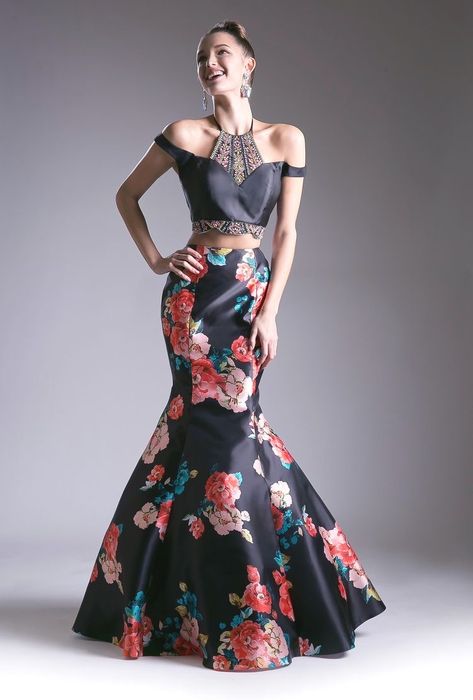 2 Piece Long Dress, Fish Skirt, Formal Crop Top, Two Piece Long Dress, Black Mermaid Dress, Printed Prom Dresses, Mexican Fashion, Cinderella Divine, Dress Indian Style