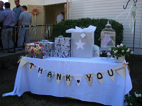 say thank you at the gift table Birthday Party Gift Table, Present Table Ideas, Gift Table Ideas Birthday, Gift Table Ideas, Present Table, Champagne Wedding Colors, Gift Table Wedding, Football Baby Shower, 18th Birthday Decorations