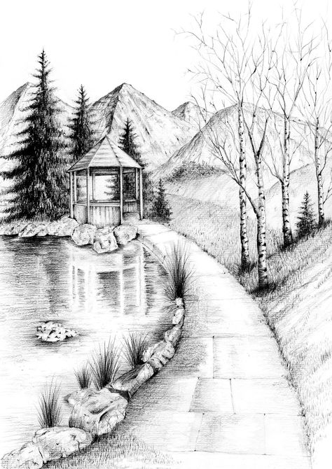 Nature Graphite Drawing Print A pencil landscape drawing showing mountains, and a river surrounded by trees. It's a realistic sketch of wild nature and a beautiful water reflection. Each Art work is hand-drawn in pencil and ink by myself, then reprinted on high quality, 250gsm white A4 or A3 paper. Print will arrive unframed. Print comes packaged in an envelope with card for protection. Path Drawing Ideas, Nature Sketch Ideas, Drawing Scenery Landscapes, Nature Pencil Art, Nature Drawing Pencil, Landscape Shading, Landscape Sketch Pencil, Landscape Drawing Pencil, Pen Landscape