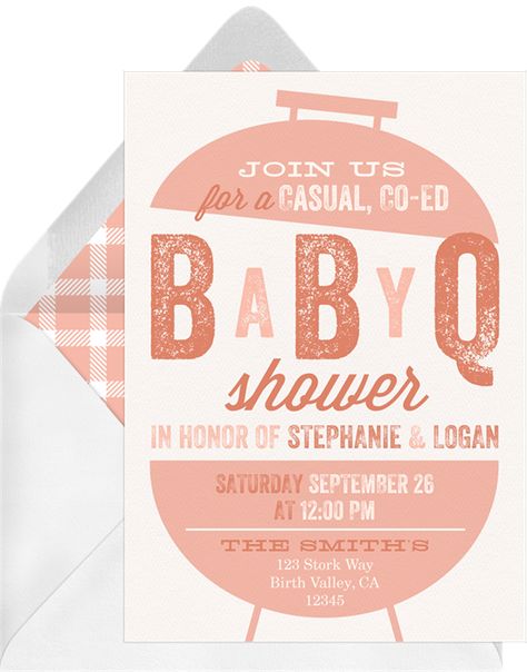 Baby Q Grill by Jen Montgomery | Greenvelope.com Baby Q Shower Invitations, Baby Barbecue Shower Ideas, Babycue Ideas, Pink Baby Q Shower Ideas, Babyque Invitation, Backyard Bbq Baby Shower Ideas, Baby Q Baby Shower Theme, Baby-q Shower, Barbeque Baby Shower Ideas