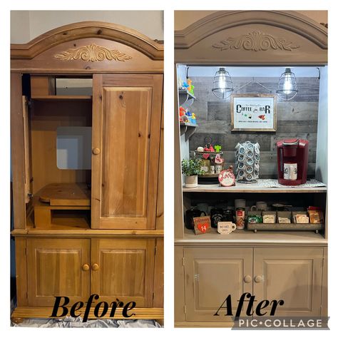 Coffee Bar Old Cabinet, Wardrobe Turned Into Coffee Bar, Coffee Bar Ideas From Armoire, Armoire To Bar Diy, Repurposed Armoire Coffee Bar, Armoire To Coffee Bar, Coffee Bar Ideas Diy Armoires & Wardrobes, Armoire Into Coffee Bar, Wardrobe Coffee Station