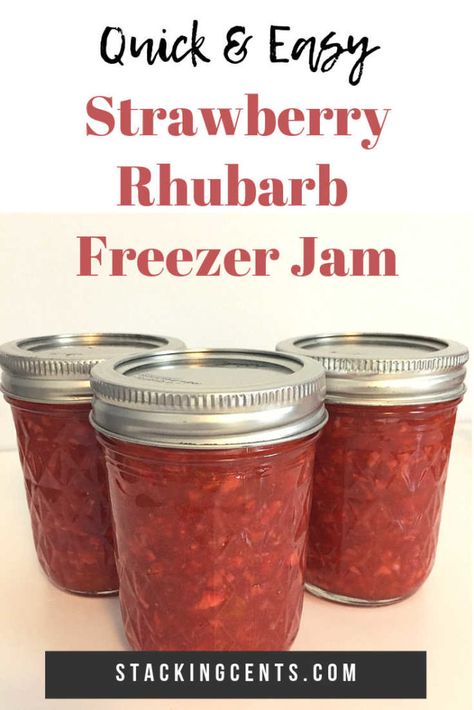 Strawberry Rhubarb Freezer Jam Recipe, Rhubarb Jam Recipes Canning, Strawberry Rhubarb Freezer Jam, Easy Freezer Jam, Rhubarb Freezer Jam, Strawberry Rhubarb Recipes, Rhubarb Jam Recipes, Strawberry Freezer Jam, Freezer Jam Recipes