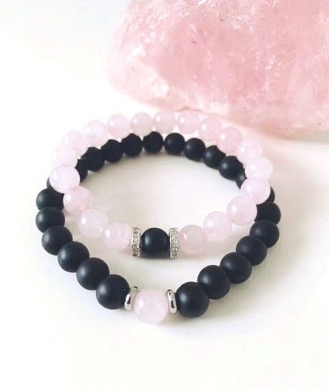 Couples Matching Bracelets, Black Onyx Bracelet, Twin Flames, Rose Quartz Bracelet, Handcrafted Bracelets, Rose Quartz Stone, Onyx Bracelet, Couples Matching, Quartz Bracelet