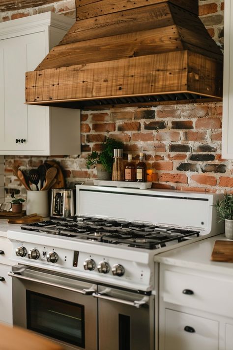 Add Character with a Brick Backsplash in Your Farmhouse Kitchen - Quiet Minimal Shiplap And Brick Kitchen, Indoor Brick Wall Ideas Kitchen, Brick Oven Hood, Brick Kitchen Backsplash Ideas, Backsplash With White Cabinets Farmhouse Brick, Wood Backsplash Kitchen, Modern Farm Kitchen Brick Backsplash, Brick Kitchen Ideas, Wood Cabinet Brick Backsplash