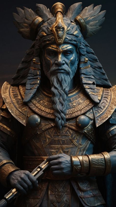 Behold the majestic Enki Anunnaki warrior, standing confidently atop a mountain peak and gazing out into the vast expanse of land below. This breathtaking portrait captures the true essence of power, determination, and bravery, making it a perfect addition to any fantasy lover's collection! 🏔️⚔️👁️ Enki Sumerian God, Enlil And Enki, Anunnaki Art, Enki Anunnaki, Annunaki Tattoo, View From Mountain Top, Anunnaki Tattoo, Anunnaki Gods, Prince Ea