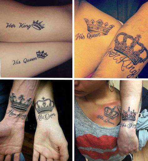 unique-couple-tattoos-his-queen-her-king-crowns-side-by-side-photos Couple Tattoos King And Queen, Husband Wife Tattoos, King Queen Tattoo, Married Couple Tattoos, Small Crown Tattoo, Marriage Tattoos, Queen Of Hearts Tattoo, Him And Her Tattoos, Anniversary Tattoo