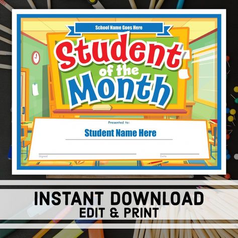 free student of the month certificate  instant download  printable student of the month certificate template excel Student Of The Month Certificate, Free Printable Certificate Templates, Month Template, Student Certificates, Free Printable Certificates, Student Of The Week, Student Of The Month, Star Of The Week, Free Certificate Templates