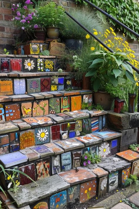 Upcycled Garden, Eclectic Maximalism, Mosaic Art Diy, Upcycle Garden, Eco Friendly Garden, Wildflower Garden, Garden Stones, Permaculture, Sustainable Living