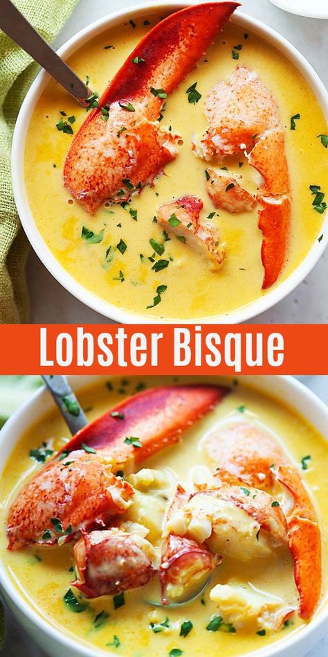 Creamy Lobster Bisque, Lobster Bisque Recipe, Bisque Soup Recipes, Lobster Bisque Soup, Bisque Soup, Lobster Dishes, Lobster Recipes Tail, Soup Appetizers, Bisque Recipe