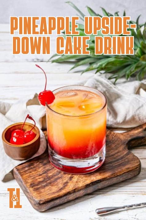 Tart and sweet, the Pineapple Upside Down Cake cocktail will keep any party going all night long. Pineapple Upside Down Drink, Pineapple Upside Down Cake Drink, Pineapple Upside Cake, Vodka And Pineapple Juice, Pineapple Drinks, Pineapple Upside, Pineapple Upside Down Cake, Pineapple Upside Down, Upside Down Cake