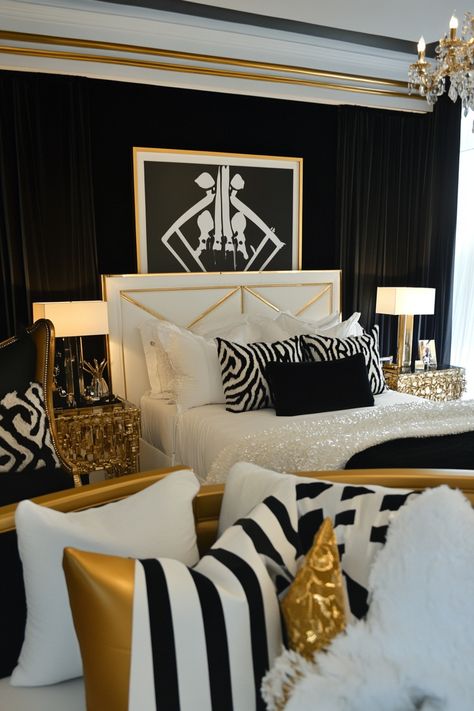 Black, white and gold bedroom ideas are a great way to add a touch of luxury and elegance to your space. Explore crisp white bedding, black accent walls, and gold decorative elements. Discover geometric black and white patterns, gold-framed artwork, and sleek black furniture. Find inspiration for gold light fixtures, black and white photography, and metallic gold accents. White Gold Black Bedroom, Black White And Gold Room Ideas, Black And Gold Room Ideas, Black White Bedroom Ideas, Black And Gold Room, Black And Gold Bedroom Ideas, White And Gold Bedroom Ideas, Silver And Gold Bedroom, Gold And White Bedroom